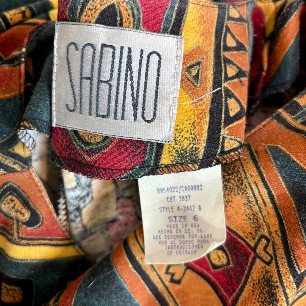 Sabino Vintage 80s Midi Dress Abstract Print Belted Long Sleeve Size 6 Bohemian - Picture 15 of 16